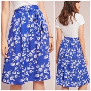 Anthropologie Porridge Getaway Printed Swan Bird Blue White Skirt L